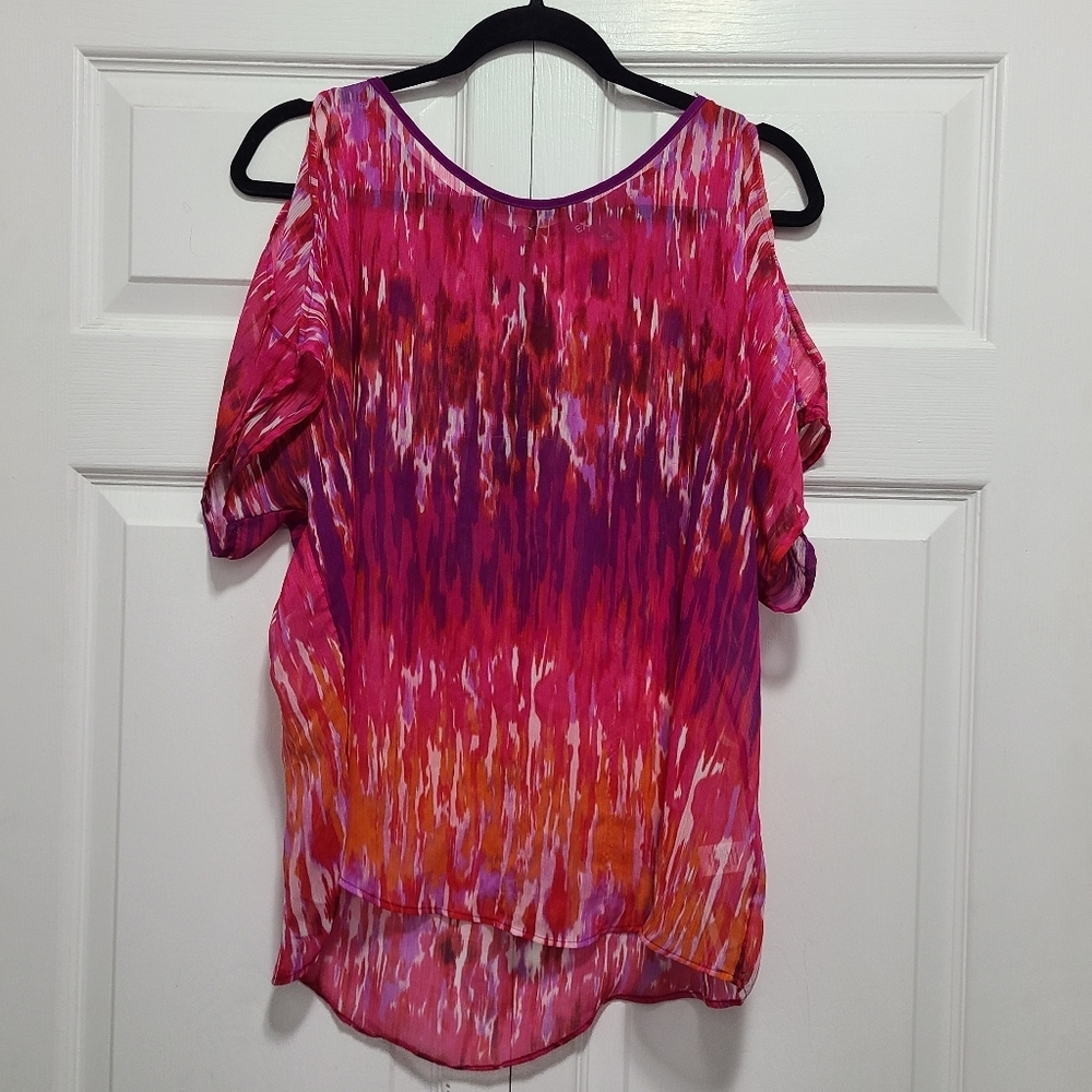 Express‎ Multi Color Sheer Short Sleeve Vibrant Pink Orange Women's Top M